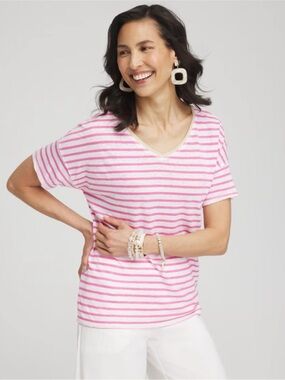 NWT Chico's Pink Striped Sweater Trim Linen Tee